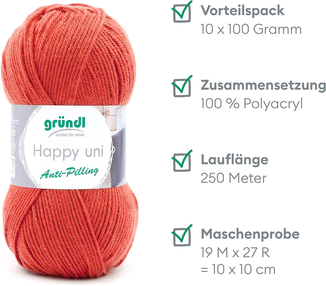 Gründl Happy uni (Strick- und Häkelgarn mit wollartigem Charakter aus 100% Polyacryl, Anti-Pilling,