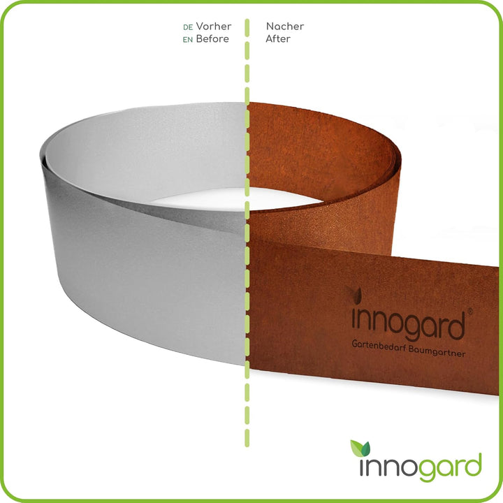 innogard Rasenkantenband aus Corten Stahl Edelrost – Höhe 25cm, Länge 10 m, Rasenkante mit Schutzkan