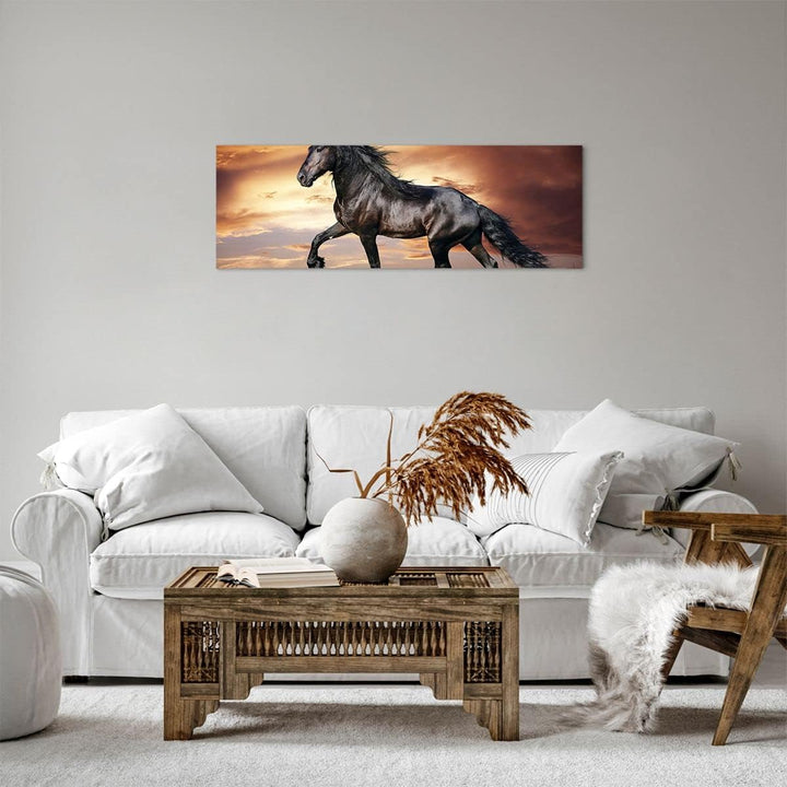 Panorama Bilder auf Leinwand Pferd Tier Wiese Leinwandbild mit Rahmen 90x30cm Wandbilder Dekoration