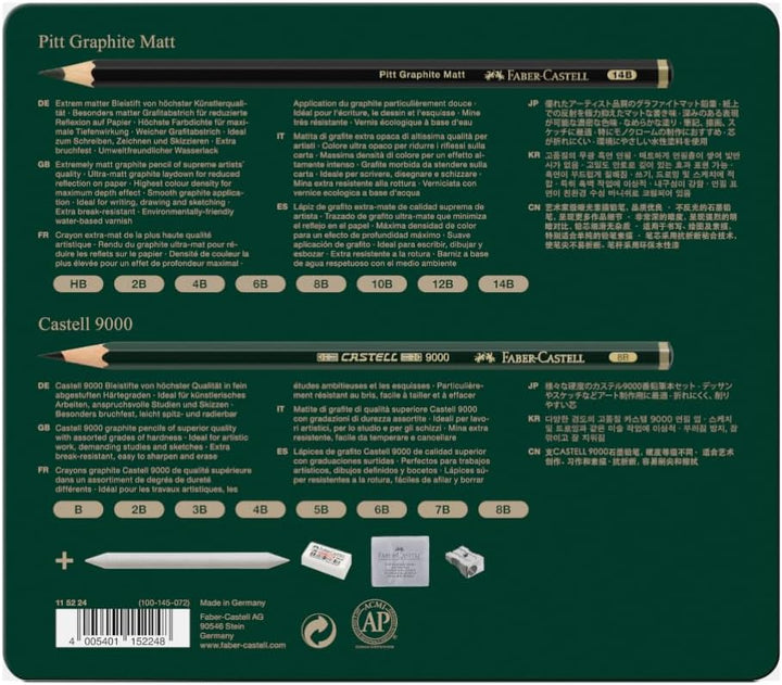 Faber-Castell 115224 - Bleistifte Set Pitt Graphite Matt & Castell 9000, 20-teilig, inkl. Papierwisc
