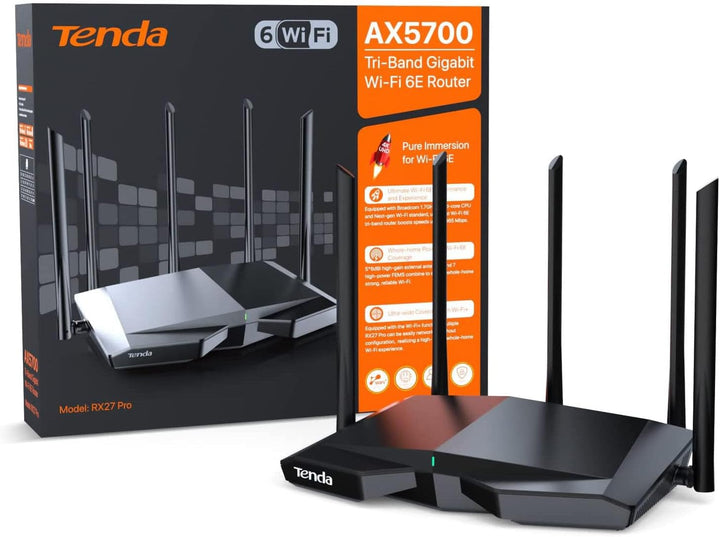Tenda RX27 Pro Wi-Fi 6E WLAN Router (AX5700 Tri-Band 6GHz: 2402Mbps+5GHz: 2402Mbps+2,4GHz: 861Mbps),