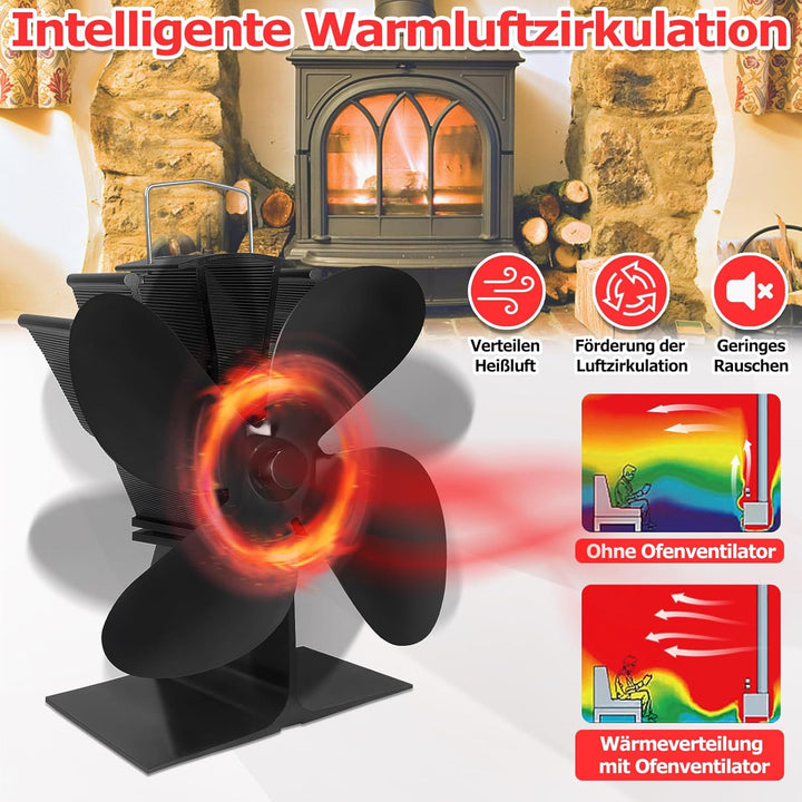Yznahre Kaminventilator, 4 Flügel Ofenventilator Ohne Strom, Kaminofen Ventilator für Holzöfen, Stov