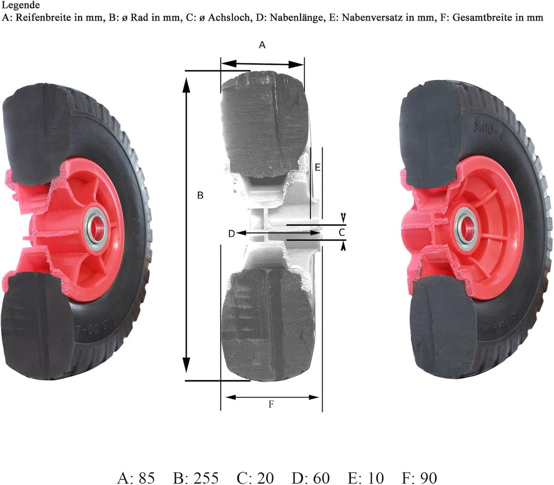 4x TRUTZHOLM Sackkarrenrad 260 x 85 mm 3.00-4 Bollerwagenrad, Luftrad, Ersatzrad, 4PR
