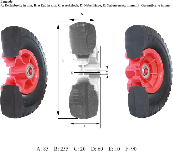 4x TRUTZHOLM Sackkarrenrad 260 x 85 mm 3.00-4 Bollerwagenrad, Luftrad, Ersatzrad, 4PR
