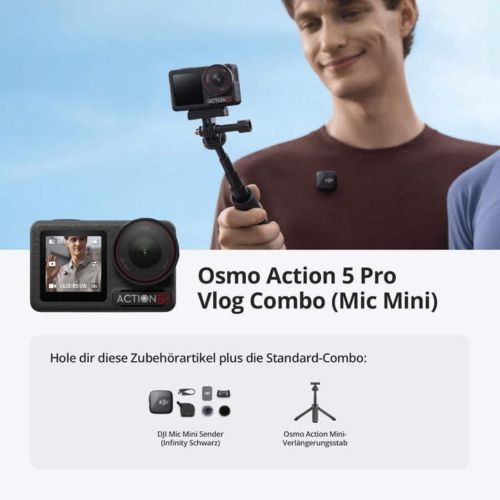 DJI Osmo Action 5 Pro Standard Combo + Mini Verlängerungsstab + Mic Mini Sender (Infinity Schwarz),