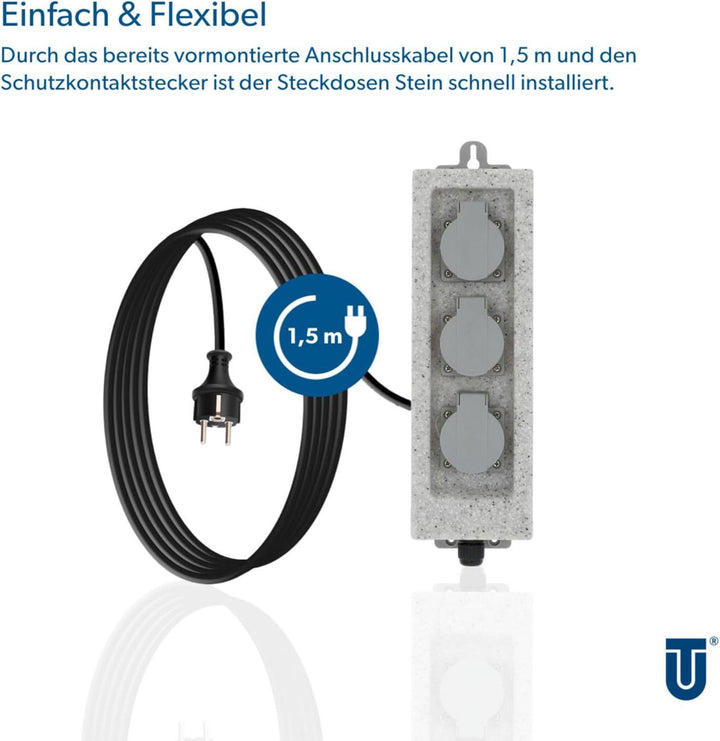 UNITEC Steckdosenverteiler für den Garten in Steinoptik, Gartensteckdose, Aussensteckdose, IP 44, 3
