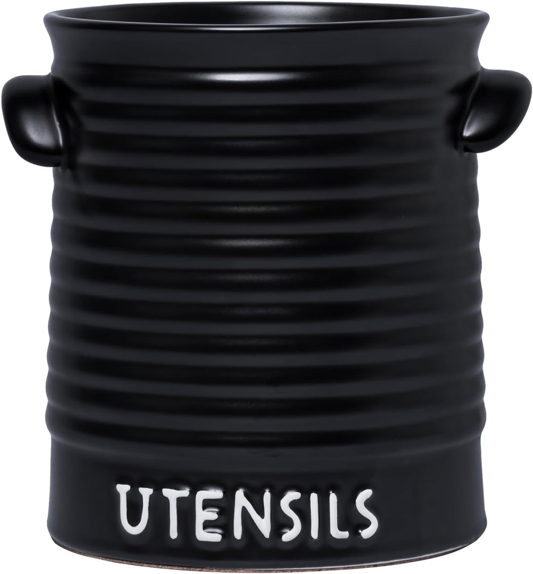 Karisky Kitchen Utensil Holder for Countertop, 6.2" Large Ceramic Utensil Crock with Cork Mat, Handl