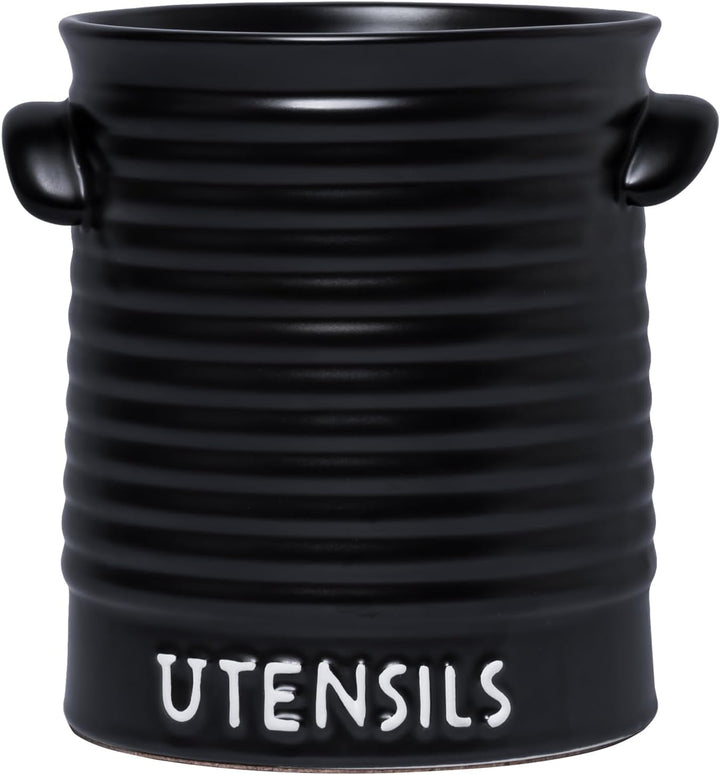 Karisky Kitchen Utensil Holder for Countertop, 6.2" Large Ceramic Utensil Crock with Cork Mat, Handl