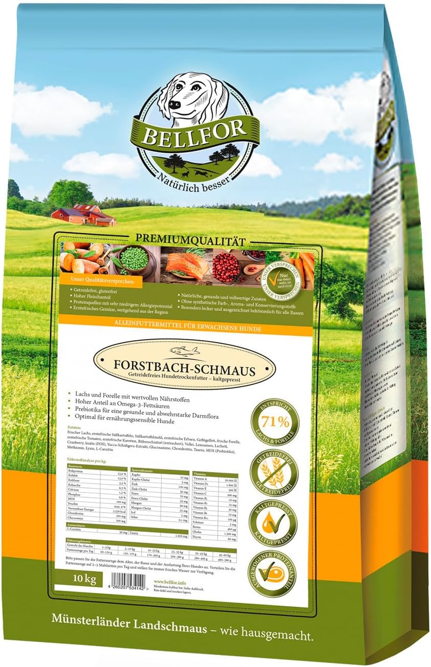 Bellfor Forstbach-Schmaus Kaltgepresst Trockenfutter mit Lachs und Forelle Getreidefrei Reich an Nat