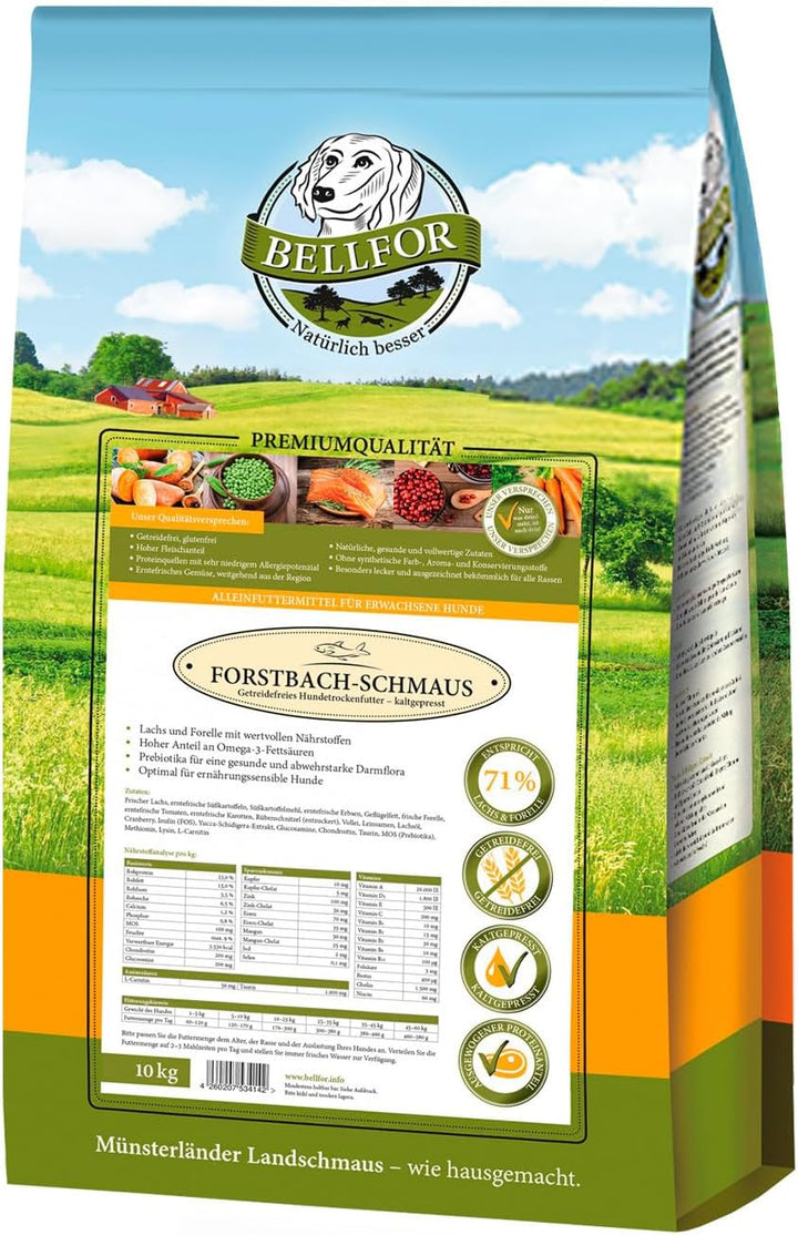 Bellfor Forstbach-Schmaus Kaltgepresst Trockenfutter mit Lachs und Forelle Getreidefrei Reich an Nat