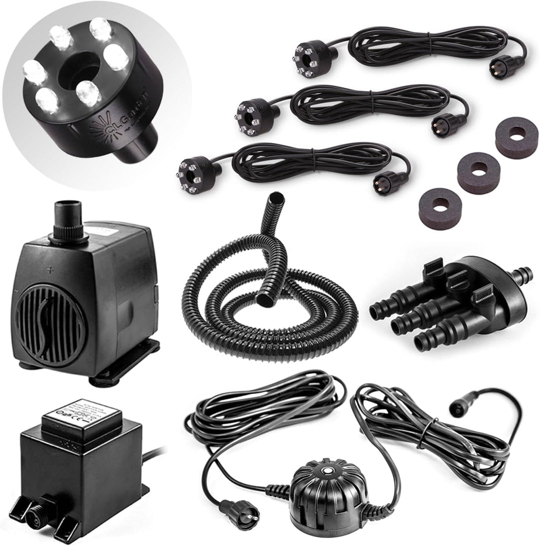 CLGarden Set Springbrunnen Pumpe SP3-SL mit drei Beleuchtungs Ringe und automatischer Lichtsteuerung