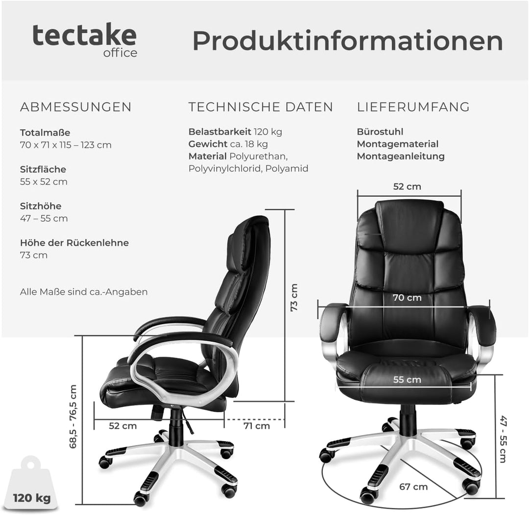 tectake® Chefsessel, Bürostuhl mit 12 cm Polsterung, Schreibtischstuhl mit Armlehnen & Wippfunktion,