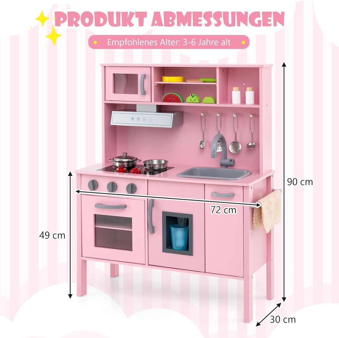 COSTWAY Kinderküche Spielküche inkl. 18 Zubehör, Kinder Küche Holz mit Spüle Mikrowelle Eismaschine