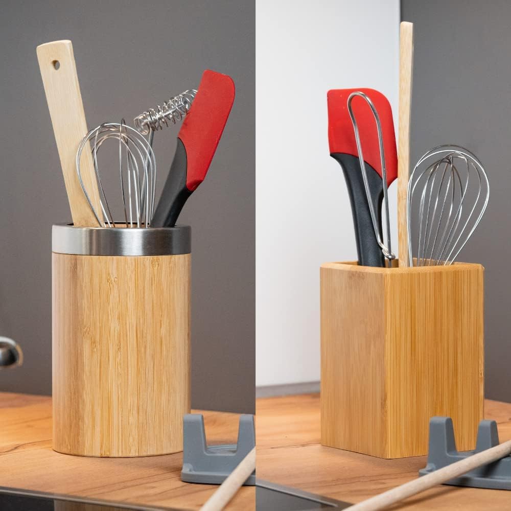 Westmark Utensilienhalter/Küchen-Organizer, rund, mit Edelstahlrand, Masse: ø10 x 16 cm, Bambus/Edel