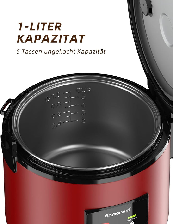 Eamoment DRC-5020RD 1L | 400W Reiskocher & Dampfgarer(1ltr-5 Tassen) Für 1-5 Personen Schnelles Koch
