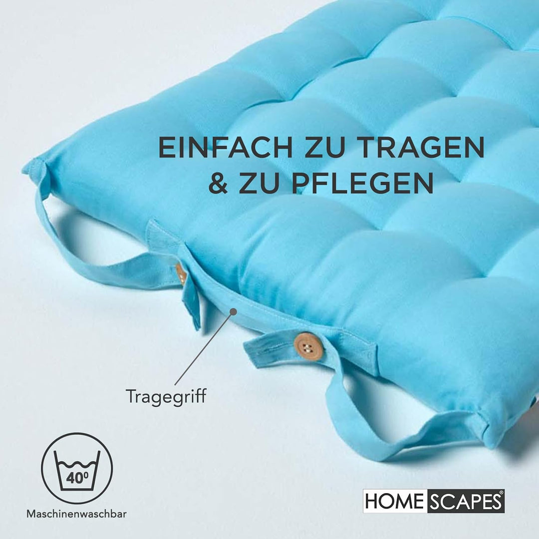 Homescapes 4er Set Stuhlkissen 40 x 40 cm, blau/hellblau, Sitzkissen mit Bändern und Knopfverschluss
