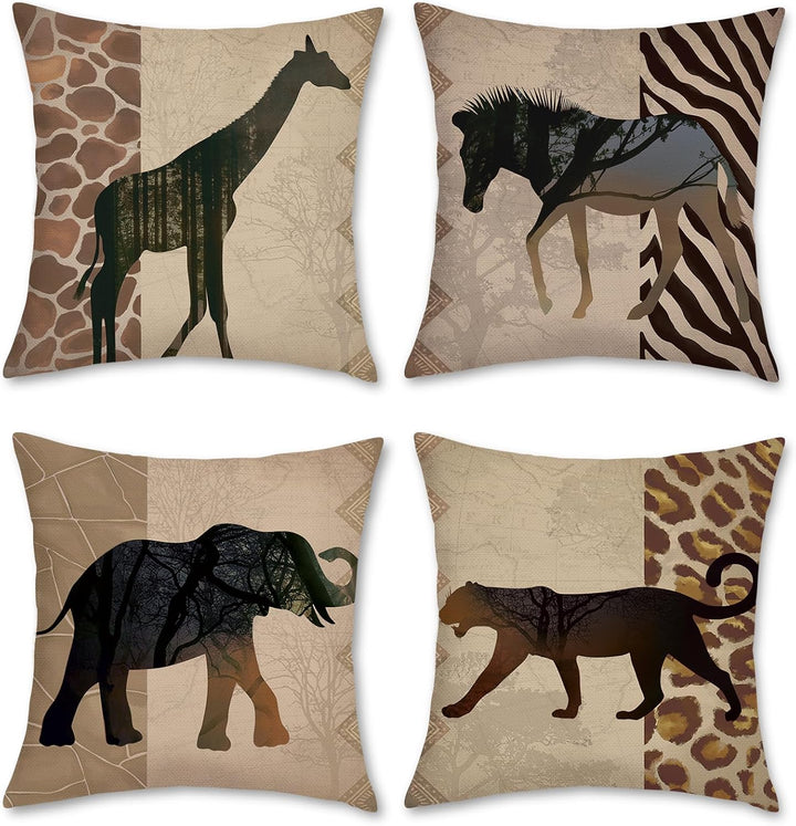 Bonhause 4er Set Kissenbezüge Tiere Leopard 45 x 45 cm Doppelseitig Giraffe Elefant Afrikanische Pol