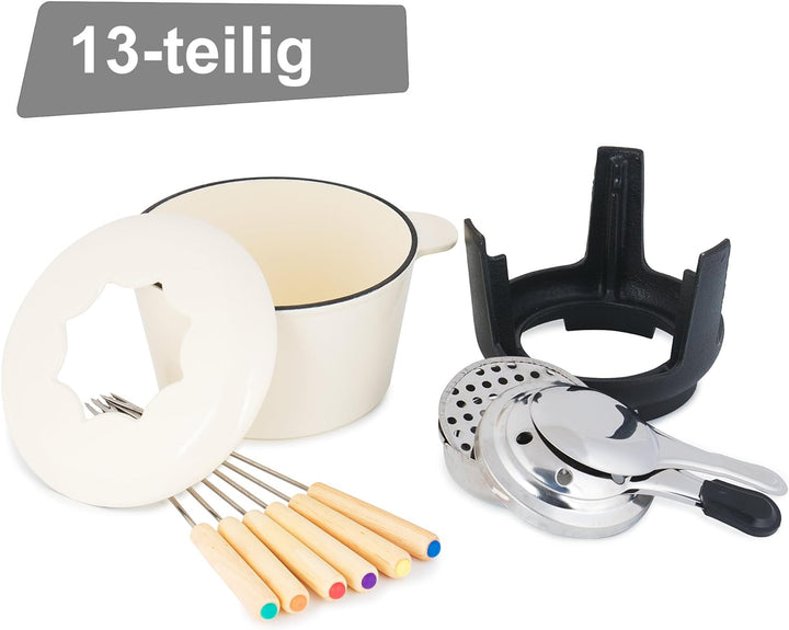BBQ-Toro Gusseisen Fondue Set für 6 Personen | 1 Liter | Fondueset 13 teilig mit Brenner und Gabeln