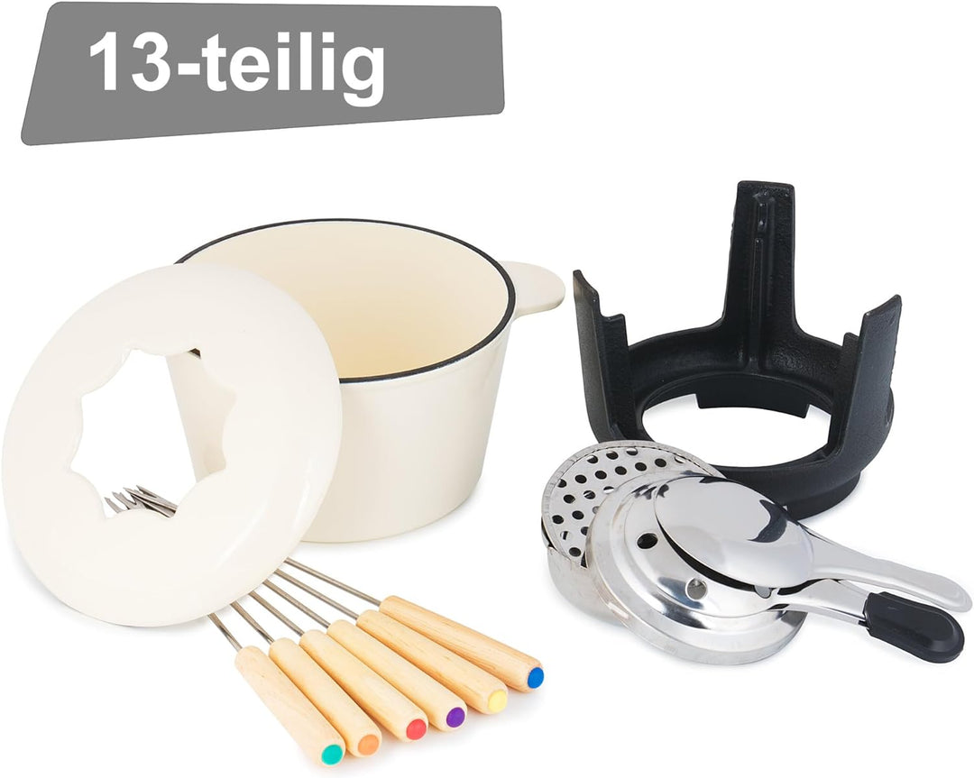 BBQ-Toro Gusseisen Fondue Set für 6 Personen | 1 Liter | Fondueset 13 teilig mit Brenner und Gabeln