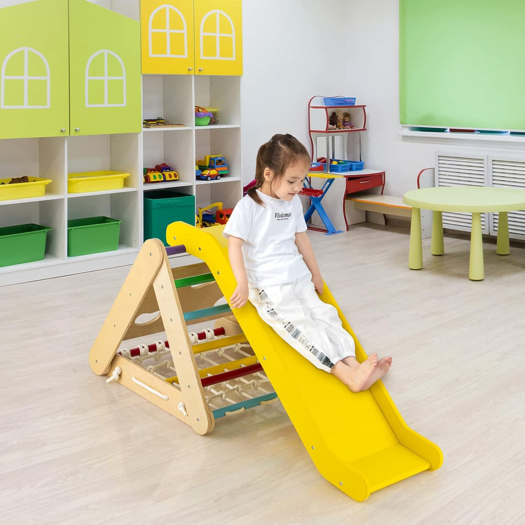 COSTWAY 4 in 1 Kletterdreieck mit Rutsche, Klettergerüst aus Holz, Sprossendreieck zum Rutschen und