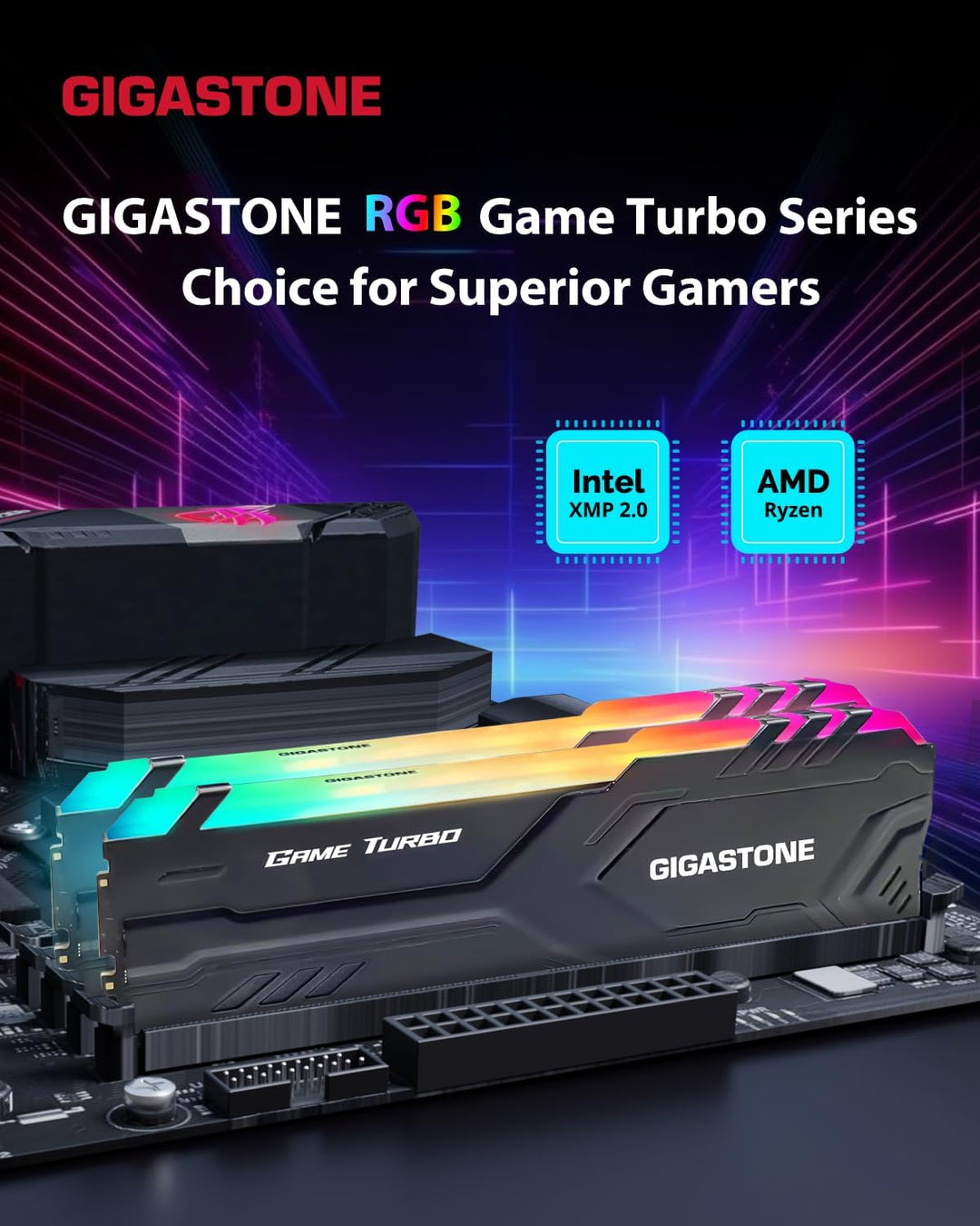 【RGB DDR4 RAM】 GIGASTONE Game Turbo 16GB Kit(2x8GB) DDR4 3200MHz PC4-25600 CL16-18-18-40 Intel XMP 2