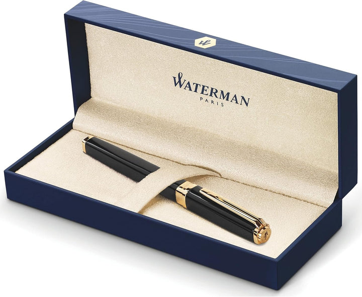 Waterman Exception Fountain Pen, Slim Black with 23k Gold Clip, Fine Nib with Blue Ink Cartridge, Gi