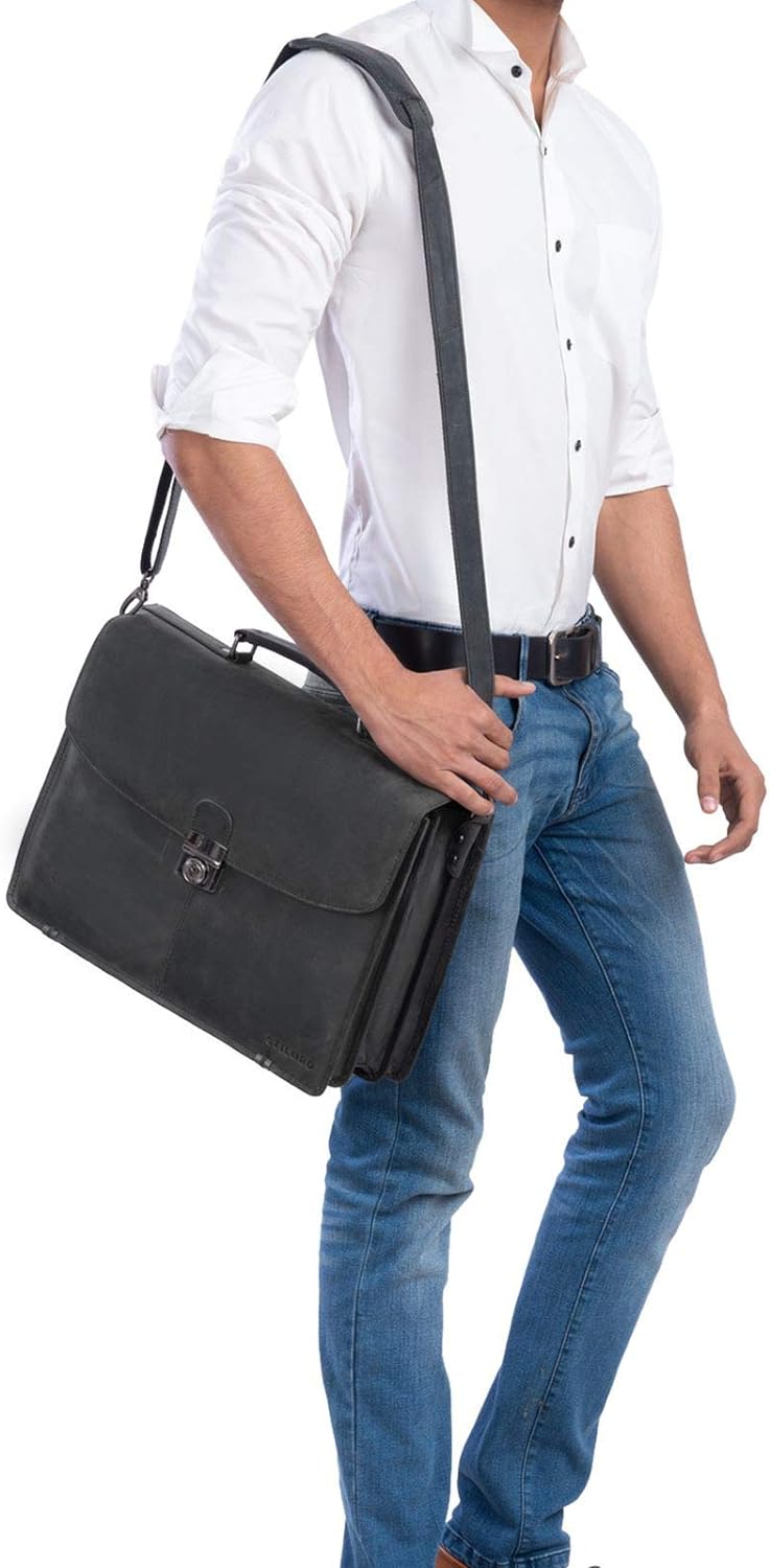 STILORD 'Miguel' Klassische Leder Aktentasche Schwarz Herren grosse Businesstasche Arbeit Bürotasche