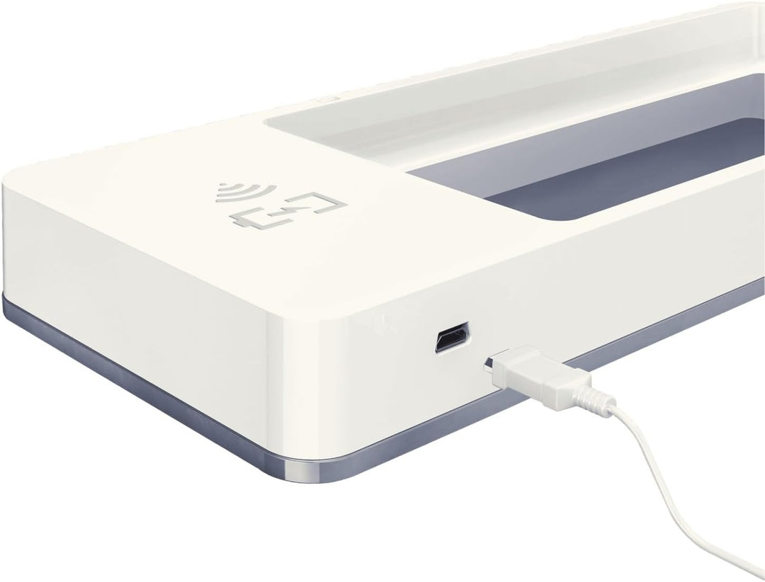 Leitz Stifteschale mit Qi-Induktionsladegerät, Zum kabellosen Laden von Smartphone, Weiss/Grau, Duo