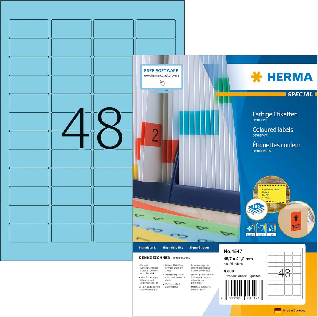 HERMA 4547 Farbige Etiketten blau, 100 Blatt, 45,7 x 21,2 mm, 48 Stück pro A4 Bogen, 4800 Aufkleber,