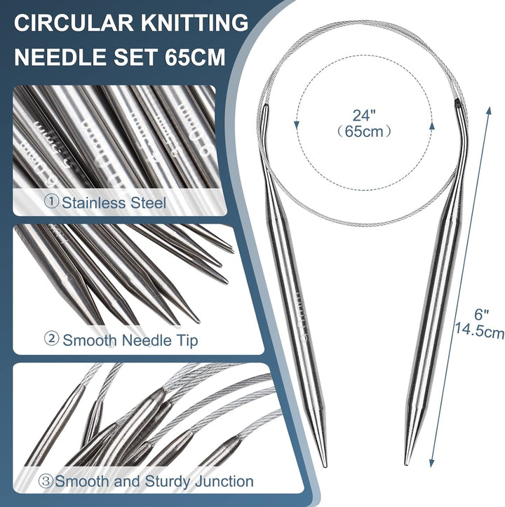 Coopay Rundstricknadel Set mit Exquisit Etui, Edelstahl Stricknadeln Rundstricknadel 60 cm, Metall R
