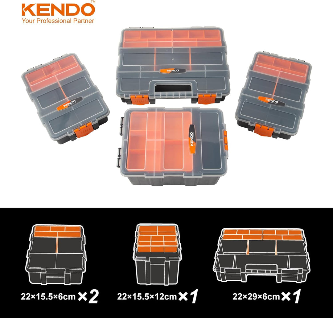 KENDO Sortimentskasten Set – 4-teilig – 49x Fächer – Werkzeugkasten – Für Kleinteile und Werkzeug 38