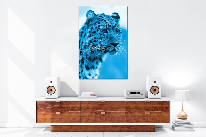 deyoli süsser Leopard Format 80x60 Effekt: Monocrome Blau als Leinwandbild, Motiv fertig gerahmt auf