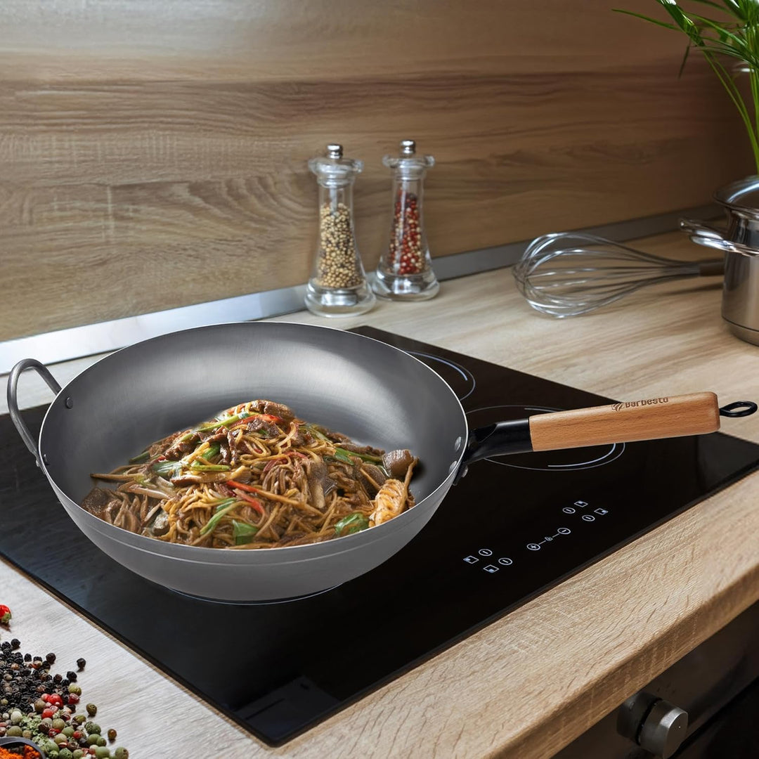 CLP Wok-Set aus Karbonstahl I Flacher oder runder Boden für Gas, Induktion und Grill I Wokpfanne mit