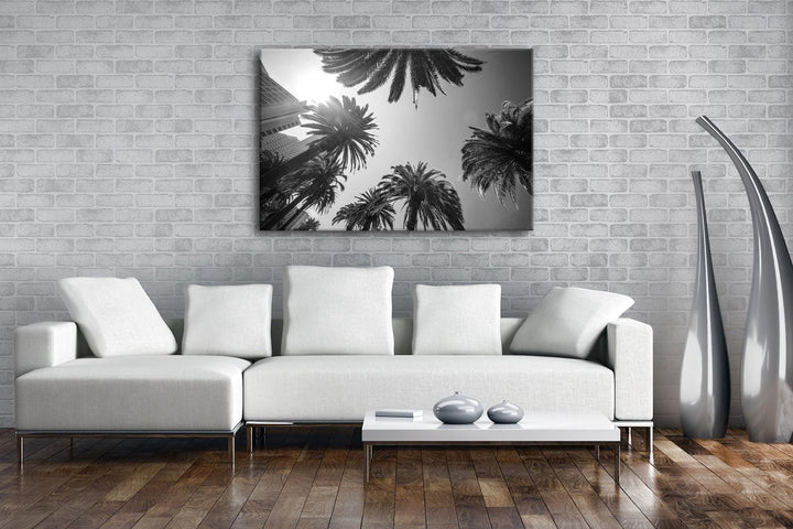 deyoli tropische Stadt mit Palmen Format: 100x70 Effekt: Schwarz/Weiss als Leinwand, Motiv fertig ge