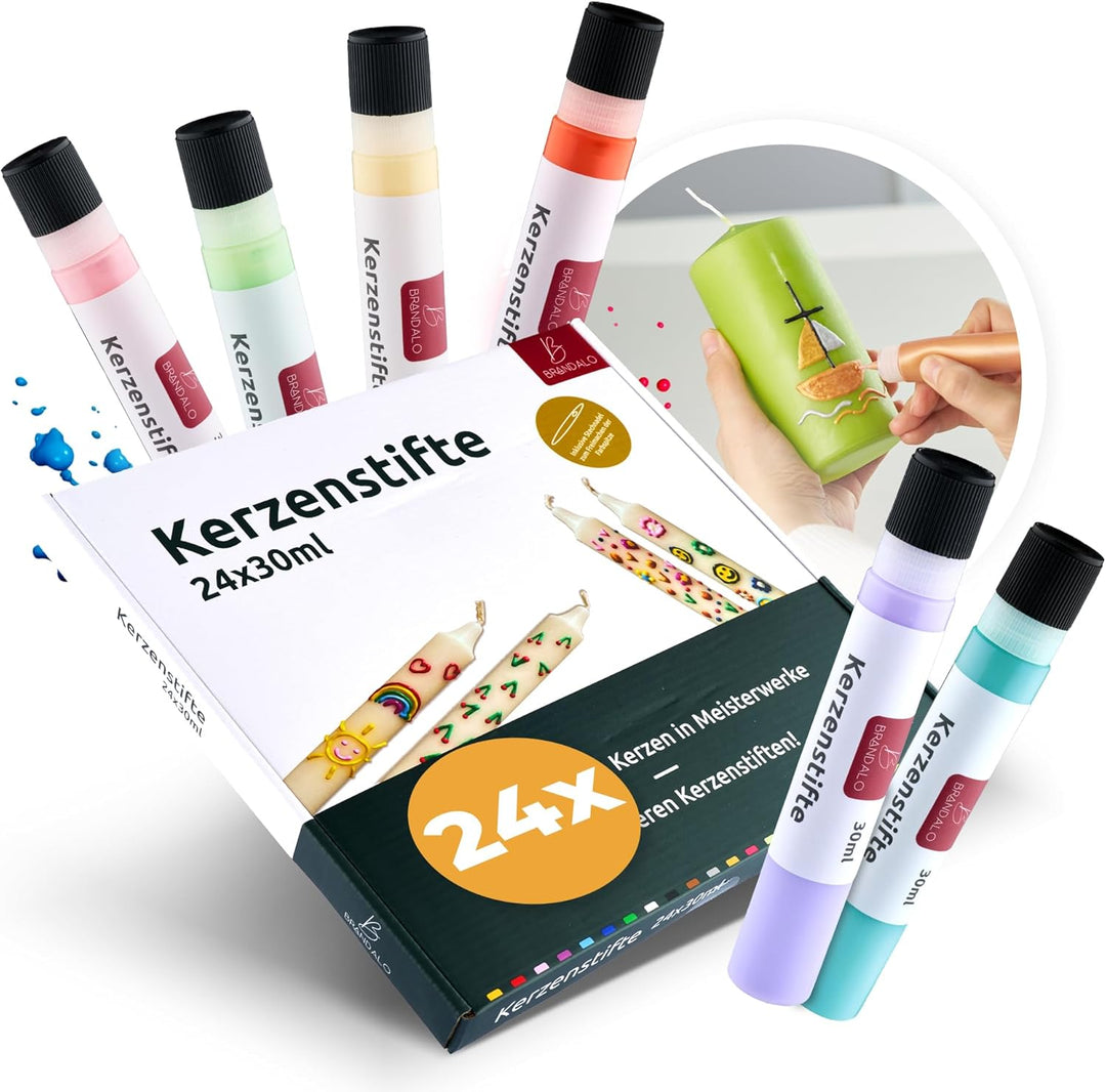 Brandalo® Premium 24er Set Kerzenstifte á 30ml leuchtende Farben – Candle Pen für Kerzen - Taufkerze