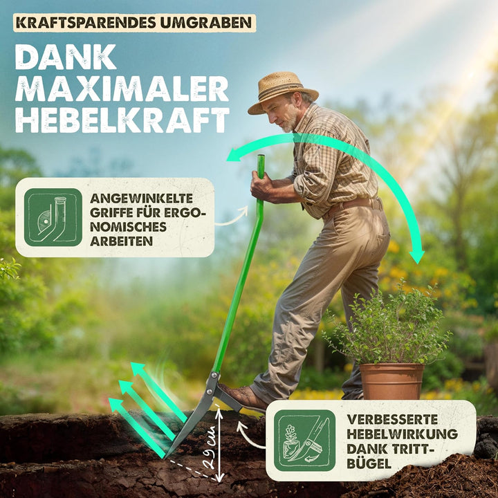 GARLINGO Grabegabel | 50cm Breite Broadfork | Mit Trittbügel für maximal Hebelwirkung | Gartengabel