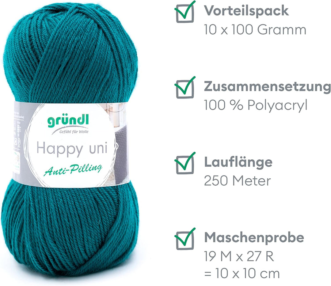 Gründl Happy uni (Strick- und Häkelgarn mit wollartigem Charakter aus 100 % Polyacryl, Anti-Pilling,