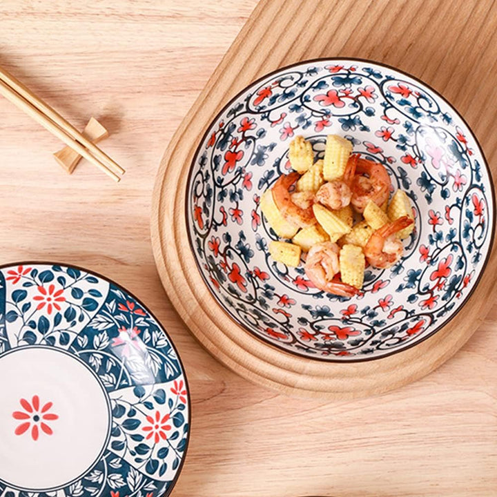 fanquare 6-er Teller-Set Porzellan Japanischer Stil, Blaue Blätter und Rote Blumen Flache Desserttel