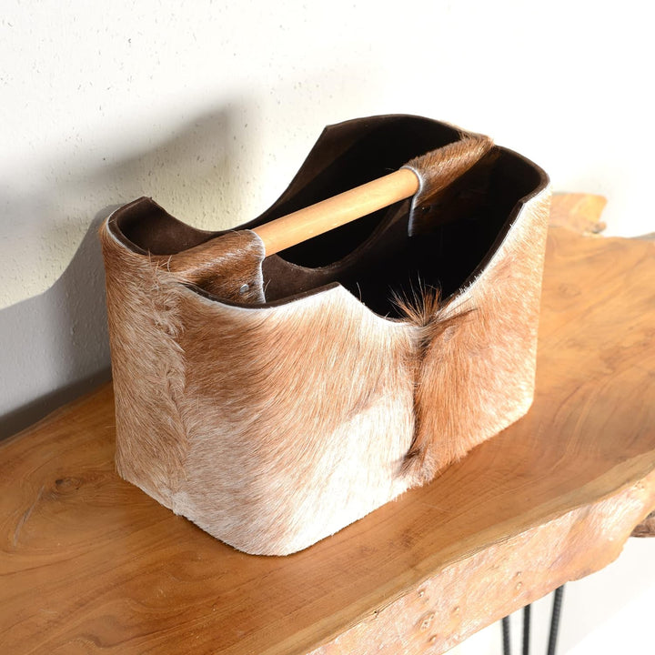 wohnfreuden Ziegenfell Zeitungsständer eckig braun 30 cm - Holz Zeitungshalter Korb klein