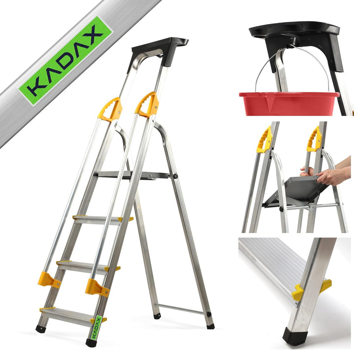 KADAX Aluleiter, Stehleiter mit Handlauf, Trittleiter belastbar bis 150kg, Leiter in 4 Stufen, klapp