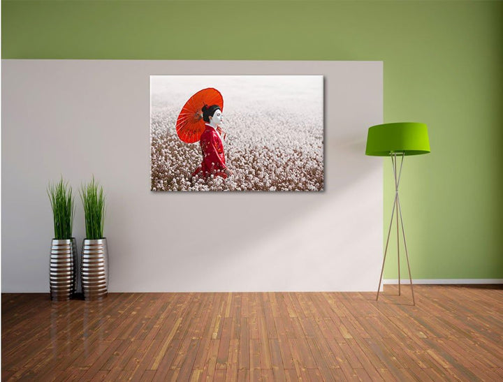 Geisha auf dem Feld, Format: 100x70 auf Leinwand, XXL riesige Bilder fertig gerahmt mit Keilrahmen,