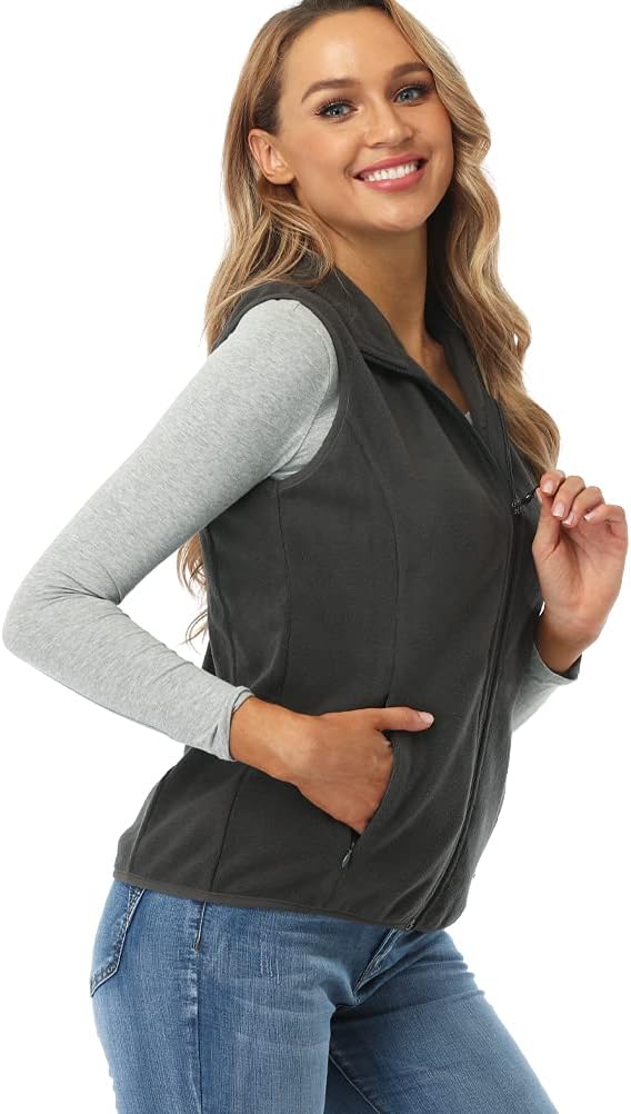 fuinloth Fleece Weste für Damen, Leicht Ärmellose Standkragen mit Reissverschlusstaschen XS Holzkohl