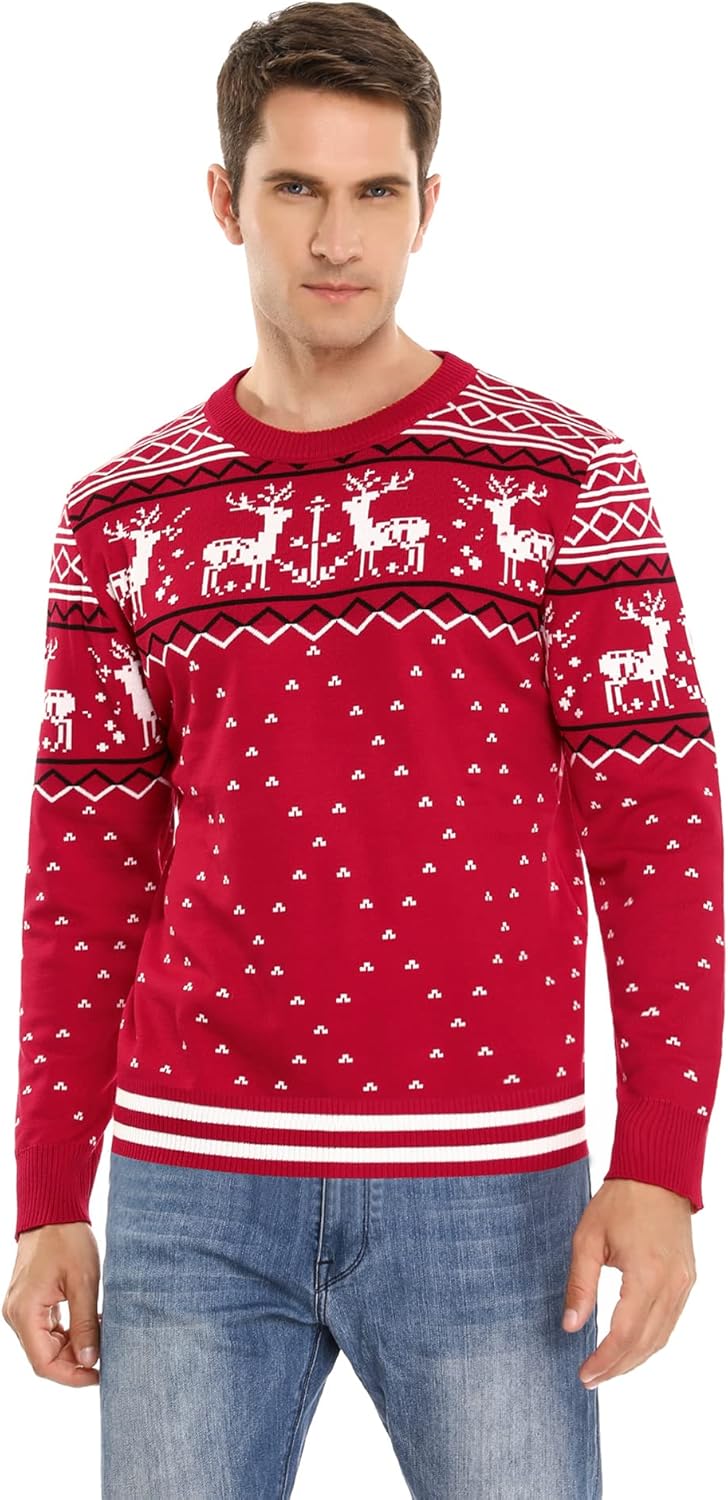 Litherday Weihnachtspullover Herren Strickpullover mit Rentiermuster, B-rot, S