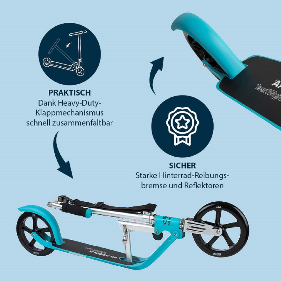 HUDORA BigWheel 205 Scooter inkl. Kabelschloss - Klappbar & Höhenverstellbar - Mit Tragegurt - Tretr