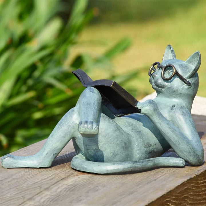 HUSHUI Literarische Katzen-Harz-Ornamente, Gartenstatuen-Dekoration, Lesebrille, Katzenhandwerk für