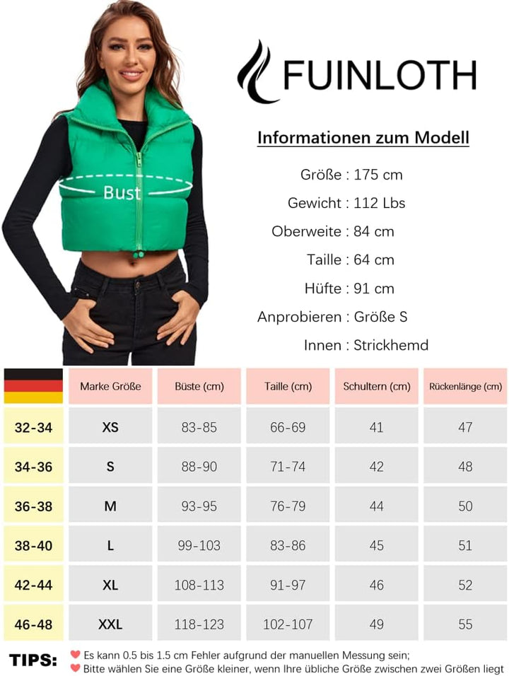 fuinloth Damen Weste Kurz Stehkragen Steppweste Warm Winter Crop Puffer Weste mit Reissverschluss Är