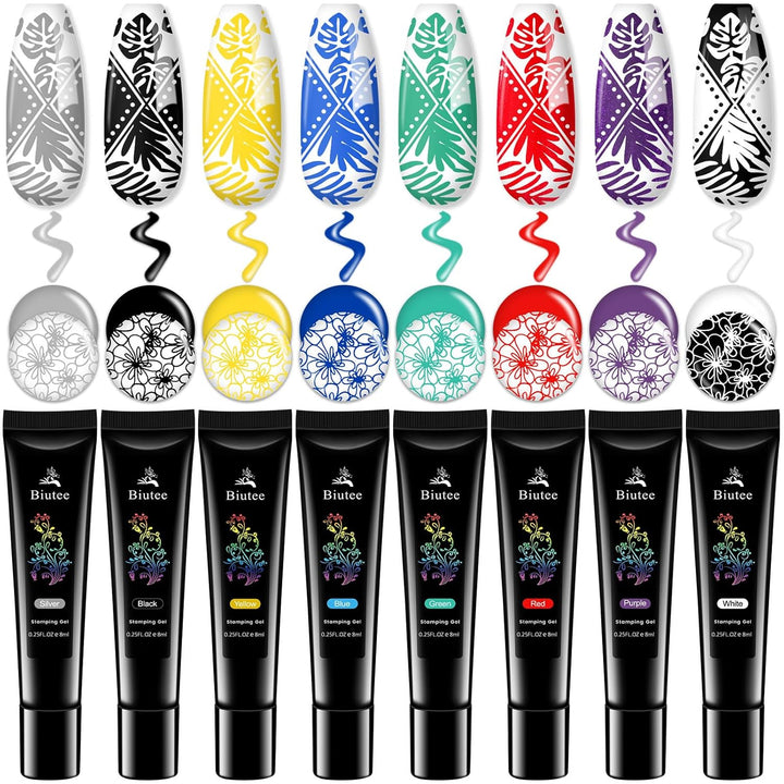 Biutee Stamping Lack UV Set für Stamping Schablone, 8 Farben, 8 ml Cremefarben, Cremefarben