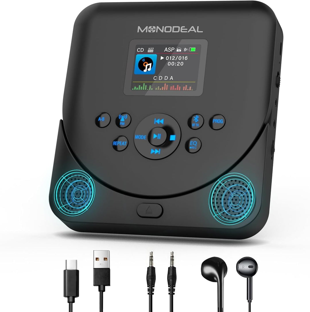 CD Player Tragbar mit TFT Display, 2024 MONODEAL Tragbarer CD Player Bluetooth, Wiederaufladbar CD P