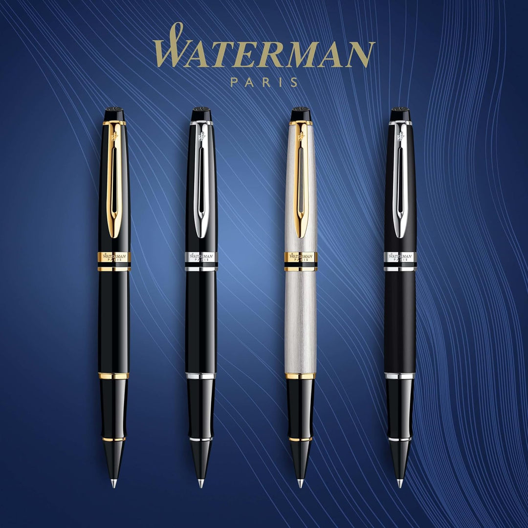 Waterman Expert Tintenroller | Edelstahl | Zierteile aus 23 K Gold| feine Spitze | Schwarz | Geschen