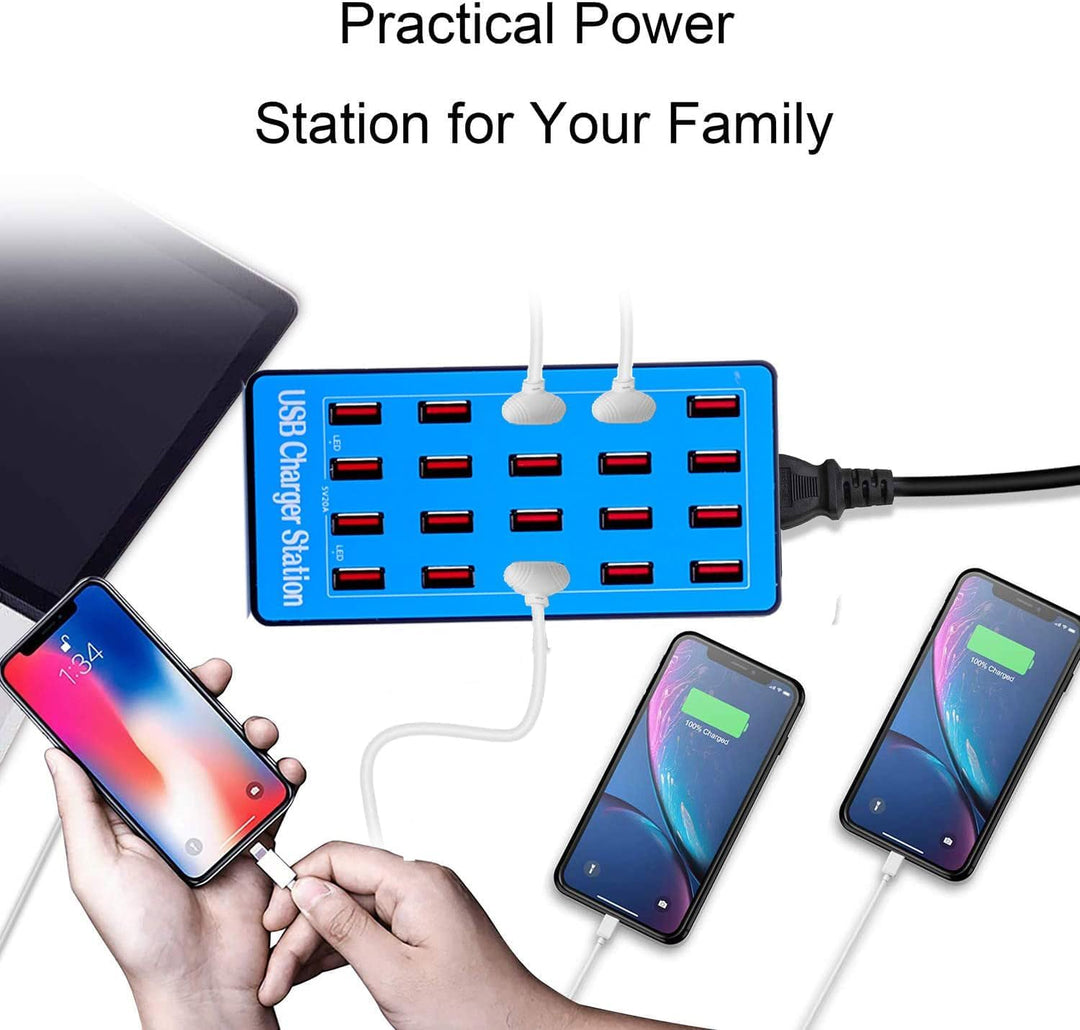 20 Ports 100 W/20 A USB Ladestation Multi-Geräte für Büro, Apple, Smartphones und mehr (20 Port-Blue